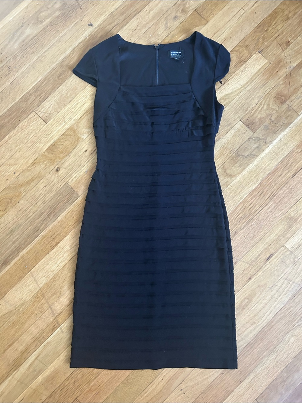 Adrianna Papell Black Cap-Sleeve Bandage-Striped Midi Dress